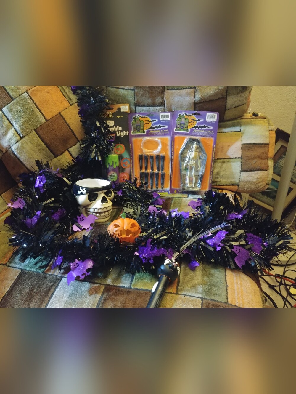 Halloween Black and Purple Tinsel Garland with Pumpkin and Skull Accents